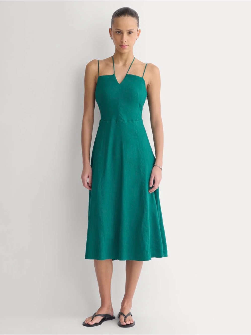 Tie-Neck Midi Dress in Stretch Linen in Evergreen - Everlane - NWT